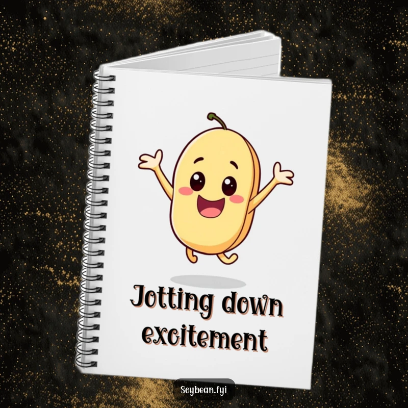 Funny notebook cover with an excited soybean character in a dynamic jump, symbolizing inspiration and energy, ideal for writing and planning.