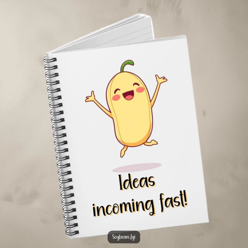 Funny Soybean Notebook: An excited soybean doing a jumping jack on a notebook, perfect for energetic note-taking.