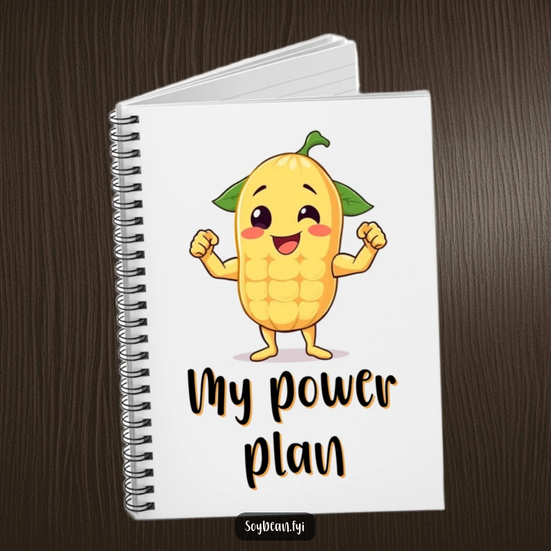 Funny notebook with a cheerful anthropomorphic soybean flexing its muscles, perfect for writing inspiring thoughts.