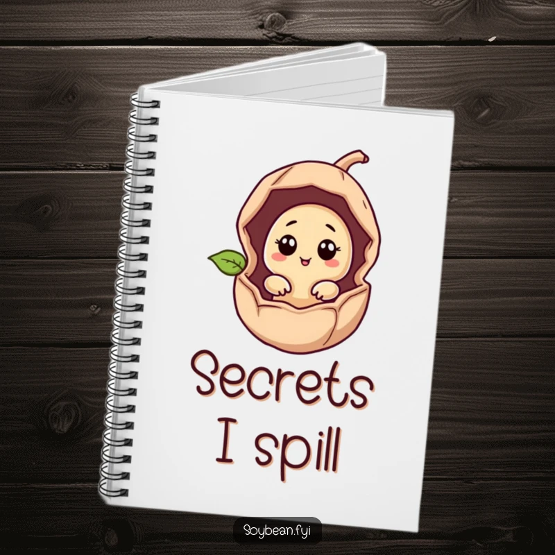 Funny giggling soybean peeking from a cracked bean pod on a notebook cover, for journaling.