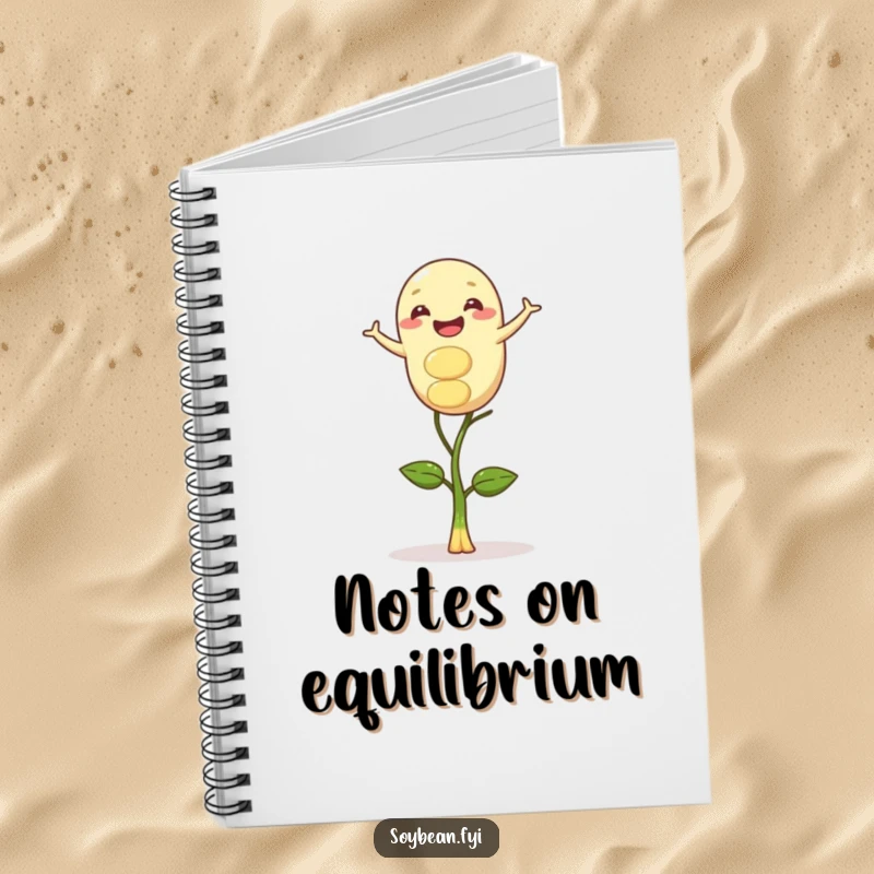 Funny notebook cover showing a gleeful soybean character in a delicate balance on a sprout, inspiring mindful writing and reflection.