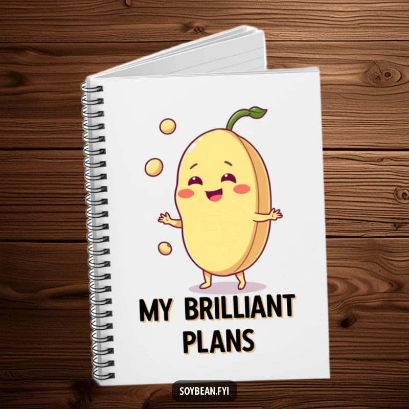 Funny jovial soybean notebook, grinning bean juggling pods, ideal for notes and sketches, cheerful stationery.