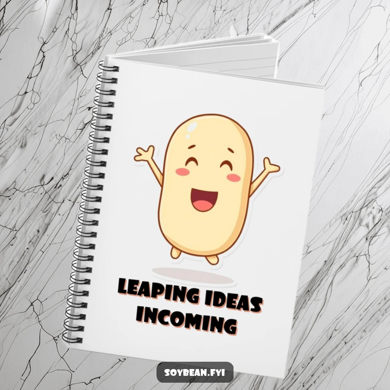 Funny notebook featuring a cheerful soybean character leaping with excitement, ideal for jotting down notes.