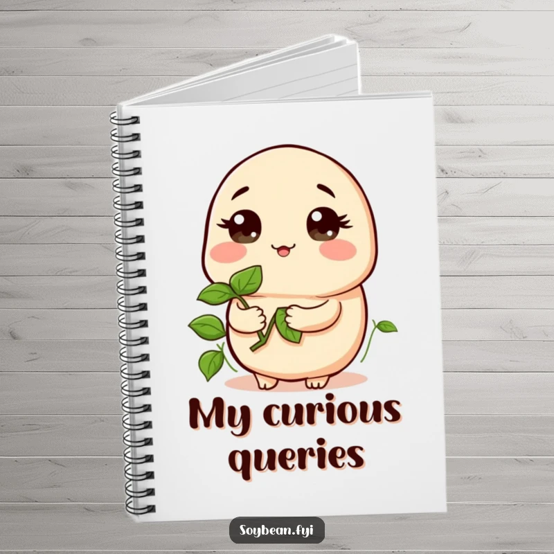 Funny notebook featuring a kawaii soybean holding a sprout, looking curious, perfect for jotting notes with thoughtful humor, a fun gift.