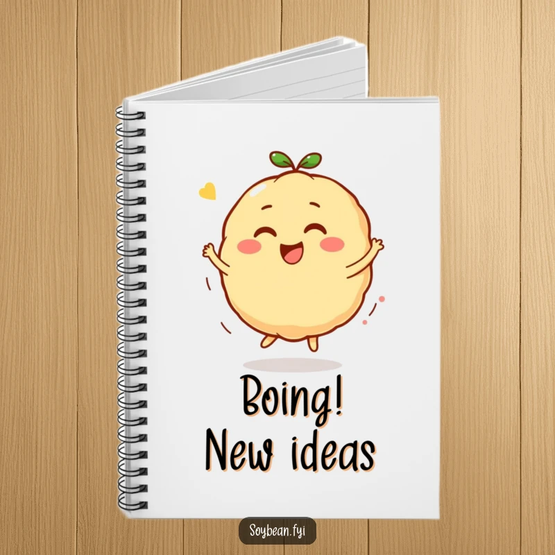Funny Kawaii soybean character notebook cover, showing the character in a happy bounce and spin, ready to inspire energetic writing.