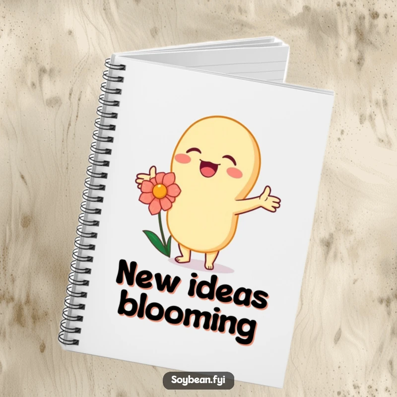 Funny kawaii soybean character joyfully embracing a flower with outstretched arms, on the cover of a funny notebook.