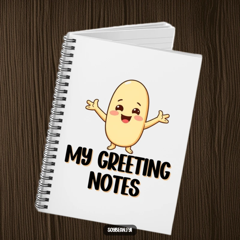 Funny Kawaii soybean character notebook cover, showing the character with arms spread wide in a happy, inviting greeting.