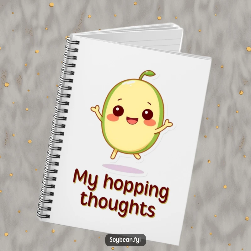 Funny Kawaii soybean character joyfully hopping, inspiring creative thoughts and notes.