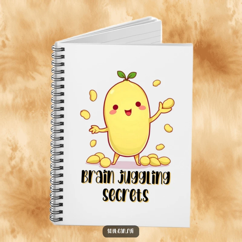 Funny notebook cover featuring a kawaii soybean character juggling edamame pods, perfect for jotting down skillful thoughts.