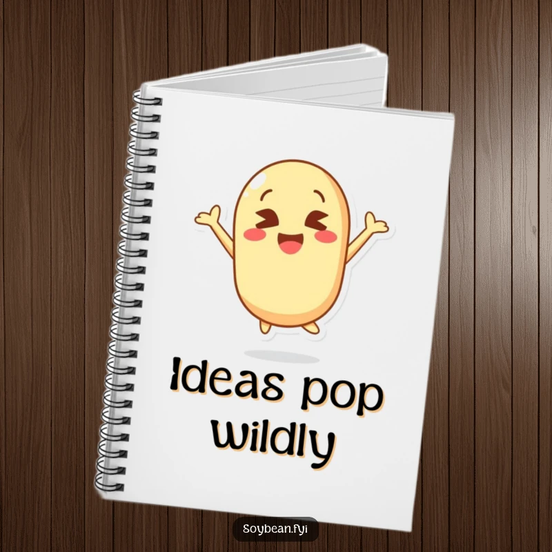 Funny notebook cover featuring a kawaii soybean character jumping with crossed eyes, perfect for jotting down funny thoughts.