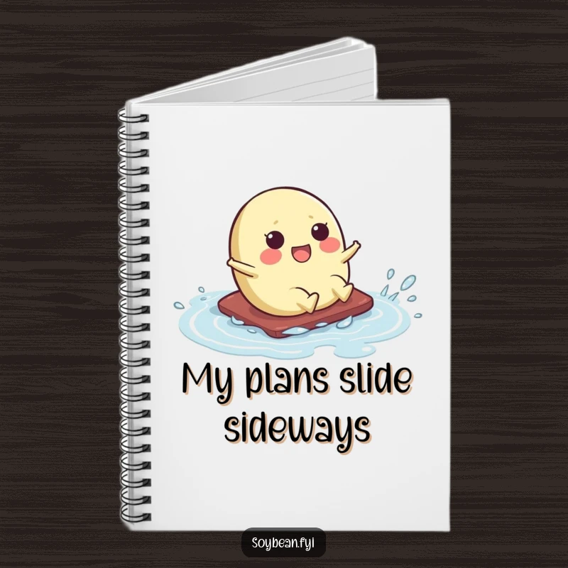 Funny notebook cover featuring a kawaii soybean character sliding humorously across a wet surface, perfect for jotting down funny thoughts.
