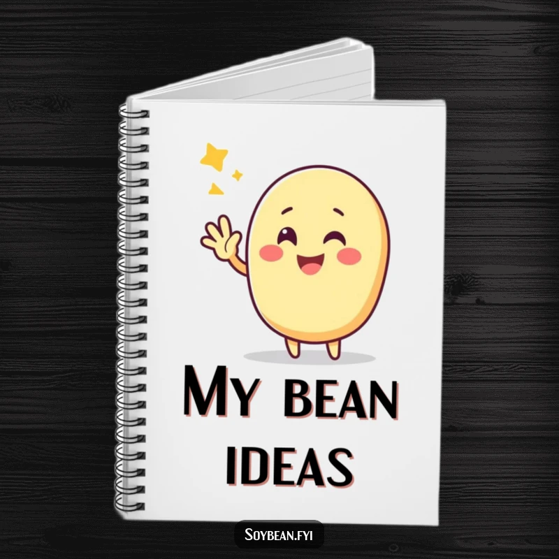 Funny Kawaii soybean character triumphantly waving with a cheerful smile, inspiring success in this notebook.