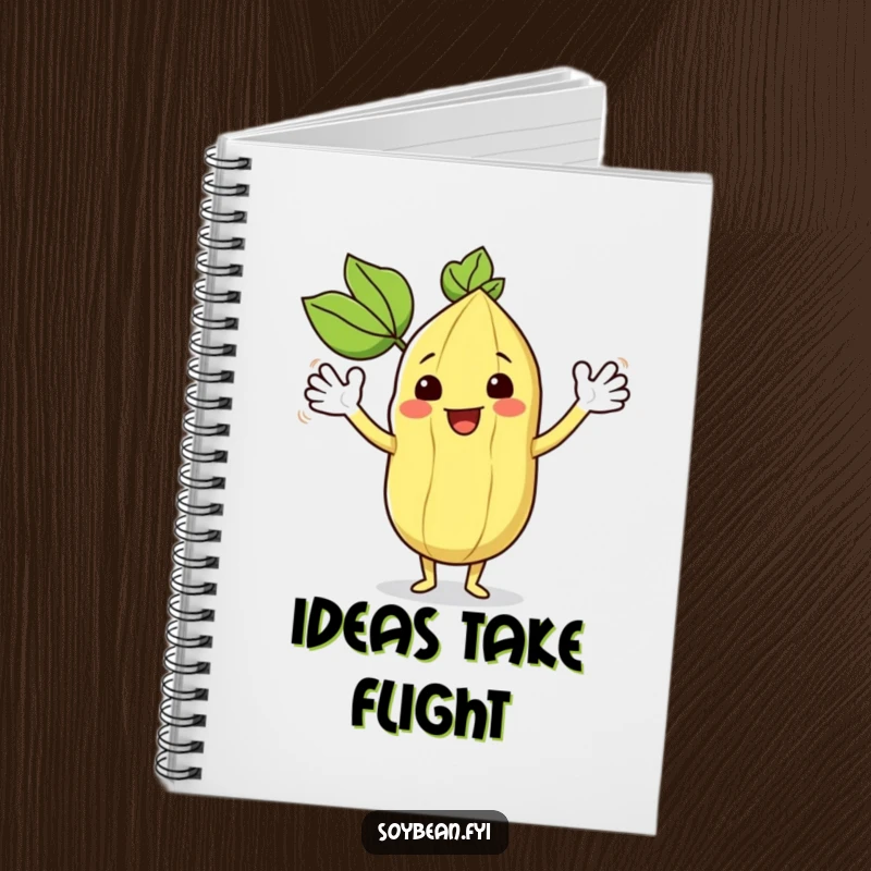 Funny kawaii soybean character happily waving its leafy arms, on the cover of a funny notebook.