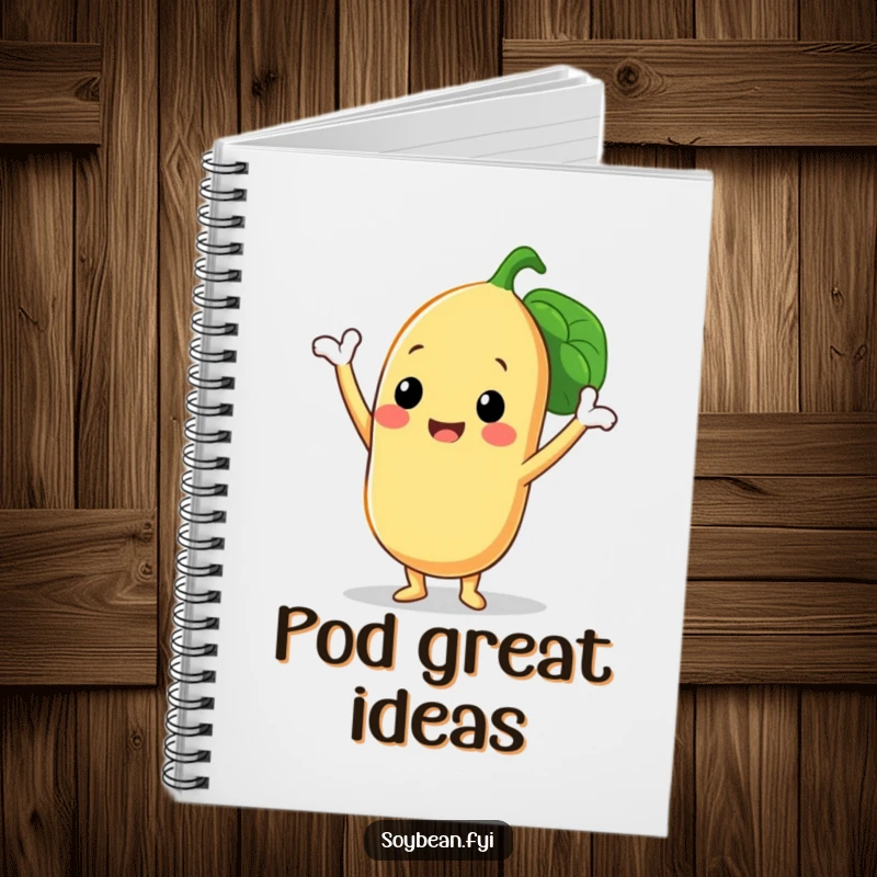 Funny notebook with a smiling soybean character in a triumphant pose with its three bean pods, perfect for jotting down hilarious ideas.