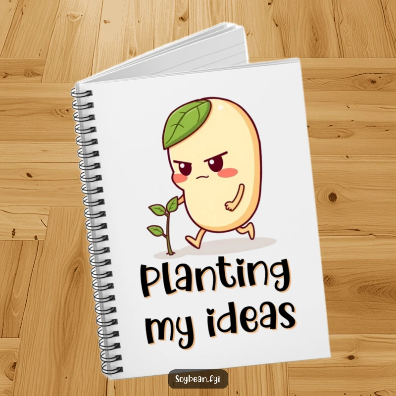 Funny notebook cover featuring a determined soybean character pushing a sprout, ideal for journaling, planning, and note-taking with a humorous twist.
