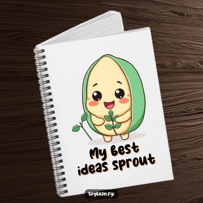 Funny Soybean Notebook with a happy soybean character holding a plant, perfect for jotting down notes and dreams.