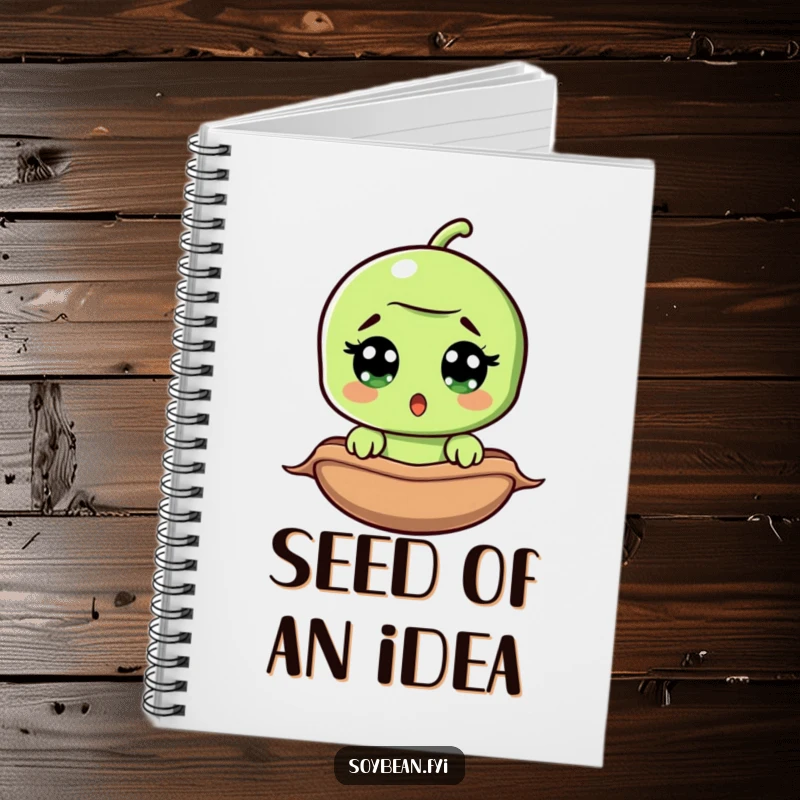 Funny surprised soybean notebook, wide-eyed bean peeking from pod, perfect for notes and doodles, hilarious stationery.