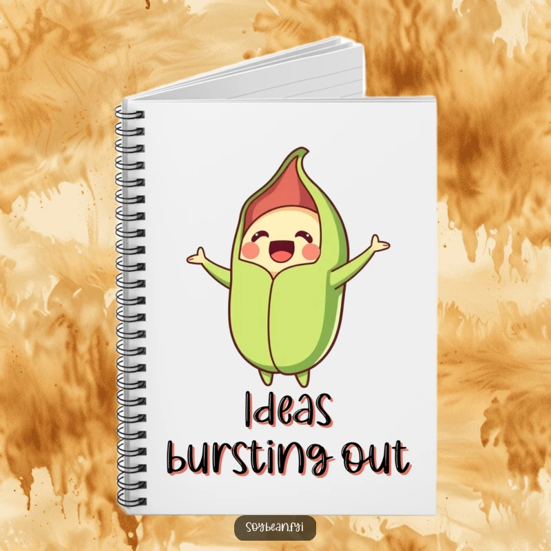 Funny notebook cover with an energetic soybean pod bursting open, symbolizing creativity and happiness, ideal for journaling and planning.