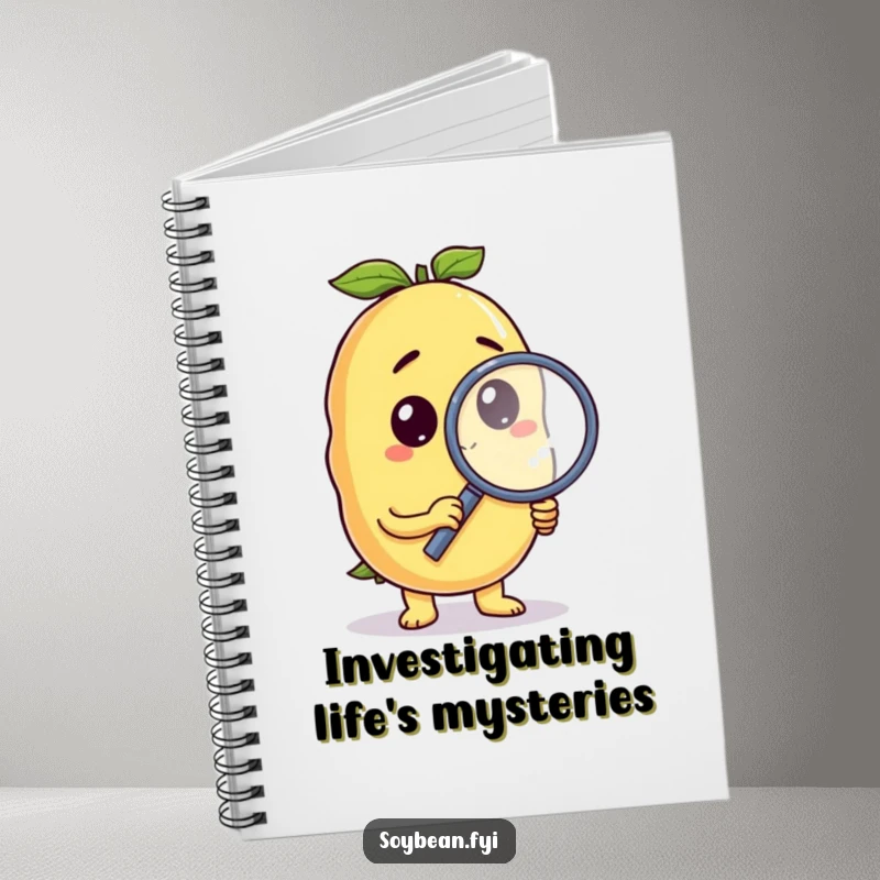 Funny soybean notebook with a curious anthropomorphic character holding a magnifying glass, perfect for note-taking with humor.