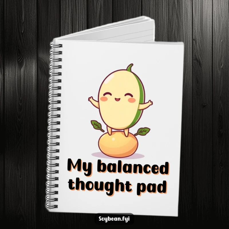 Funny notebook featuring a playful soybean character balancing on a bean pod, ideal for notes and creative ideas.
