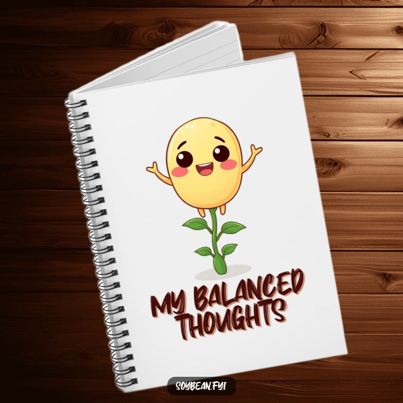 Funny soybean notebook with a joyful anthropomorphic soybean balancing on a tiny sprout, perfect for humorous note-taking.