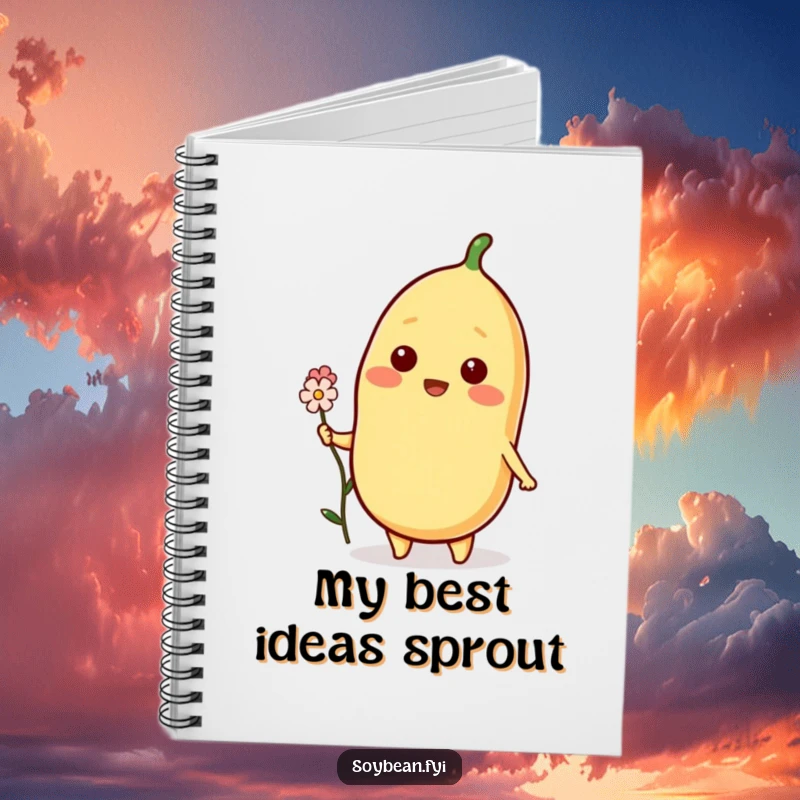 Funny Soybean Notebook with a beaming soybean character offering a flower, encouraging sweet notes and creative writing.