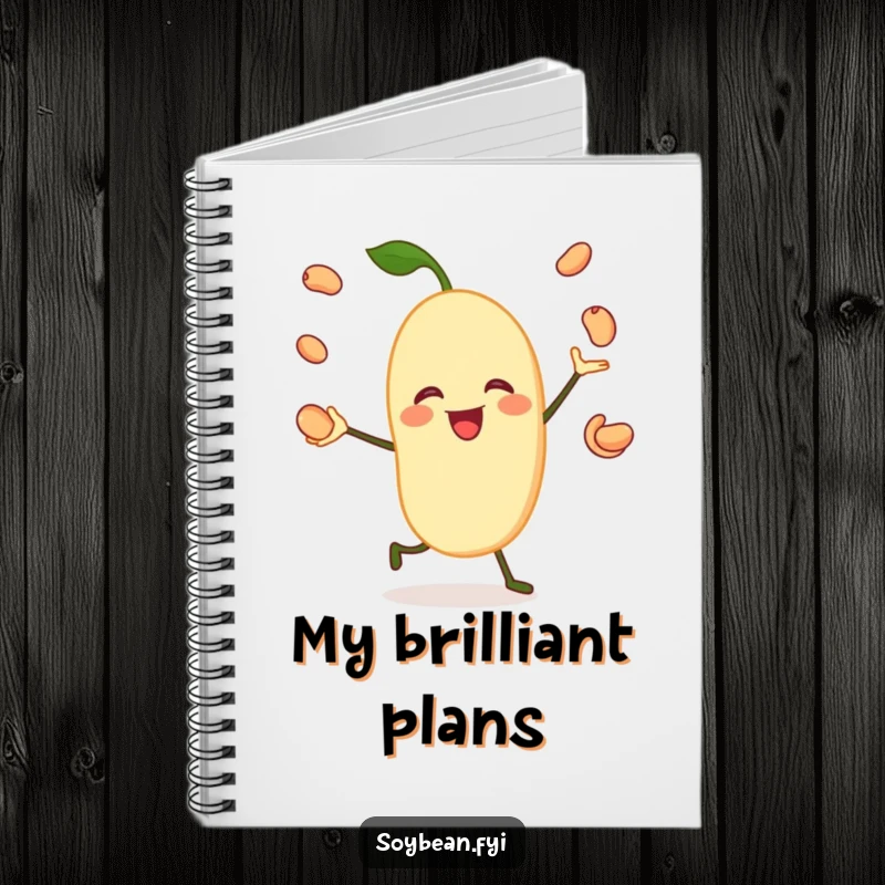 Funny notebook with a jovial soybean character happily juggling its own beans, perfect for jotting down hilarious thoughts and ideas.