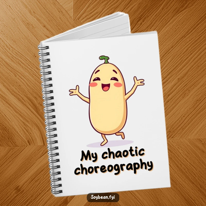 Funny notebook with a delighted anthropomorphic soybean dancing sillily, perfect for jotting down funny ideas.