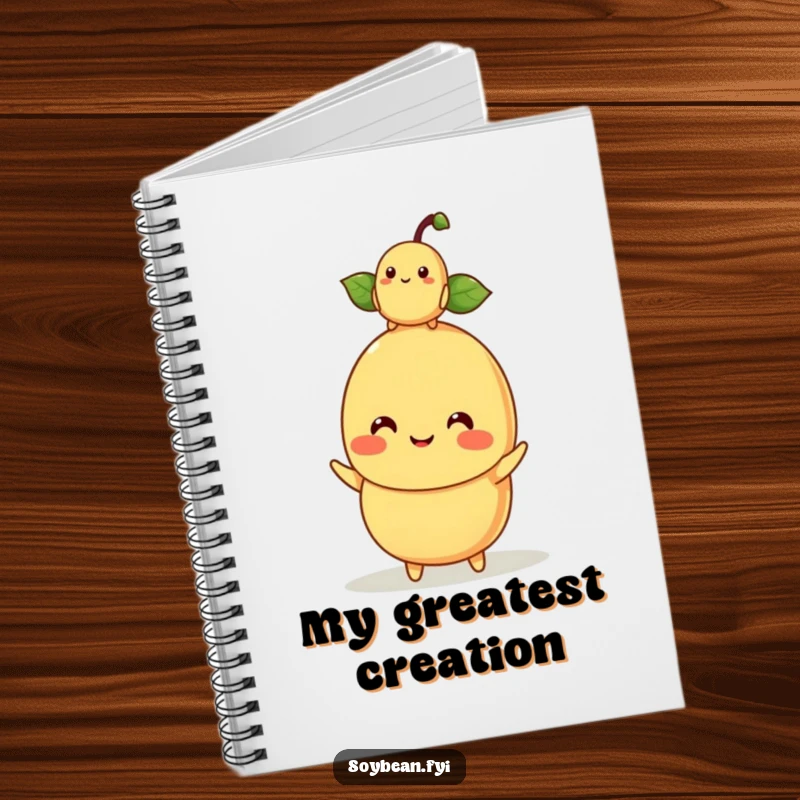 Funny kawaii soybean character mom balancing a baby soybean on its head, on the cover of a funny notebook.