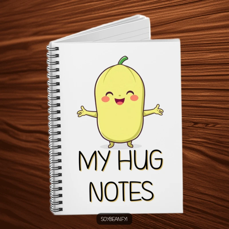 Funny Soybean Notebook: A smiling soybean character offering a hug, perfect for note-taking.