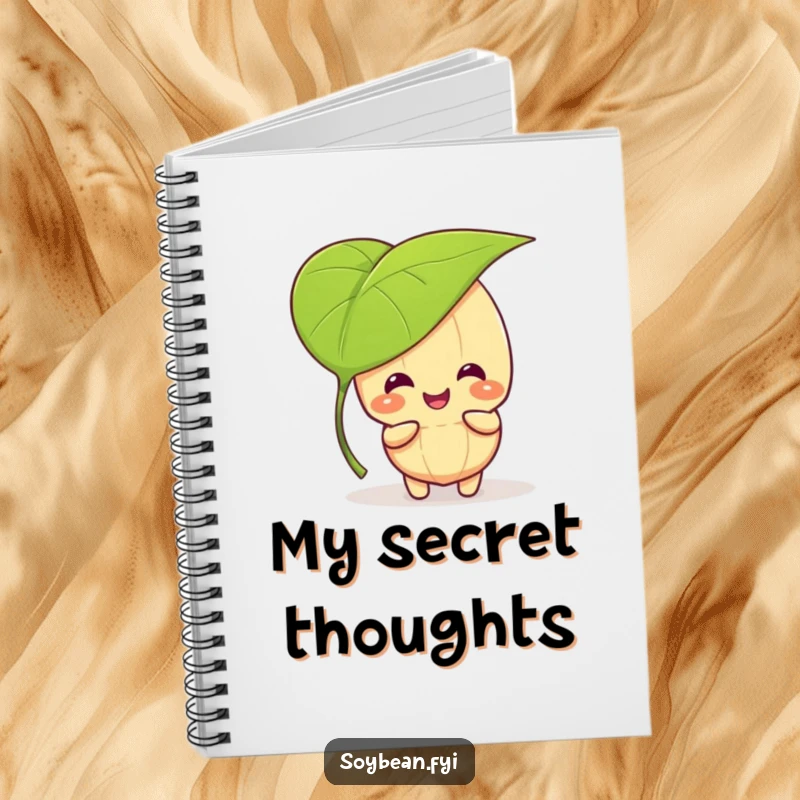Funny kawaii soybean character giggling and playing peek-a-boo behind a large leaf, on the cover of a funny notebook.