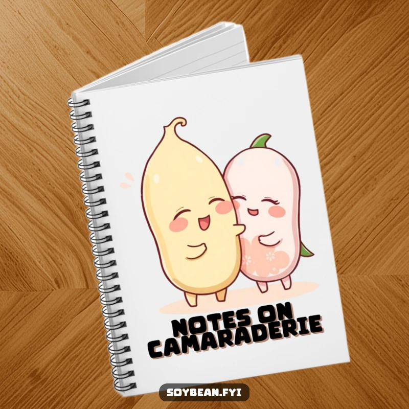 Funny notebook cover showing a winking soybean character playfully nudging another, inspiring friendly notes and shared secrets.