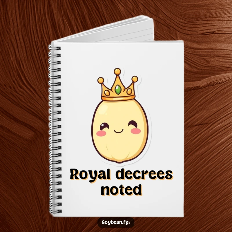 Funny notebook cover with a smiling soybean wearing a crown, symbolizing creativity and authority, ideal for writing and planning.