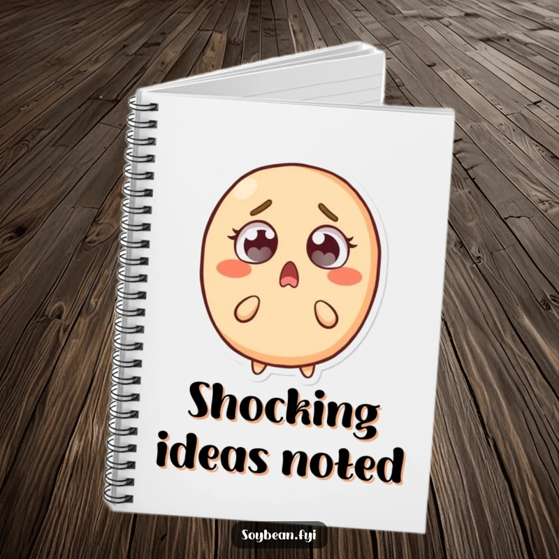 Funny notebook featuring a startled soybean character with wide eyes, recoiling slightly, designed for note-taking and capturing surprising thoughts.
