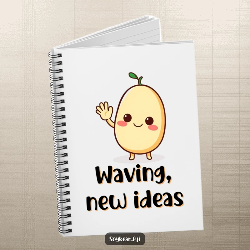 Funny notebook featuring a cheerful soybean character waving hello, ideal for jotting down friendly notes and ideas.
