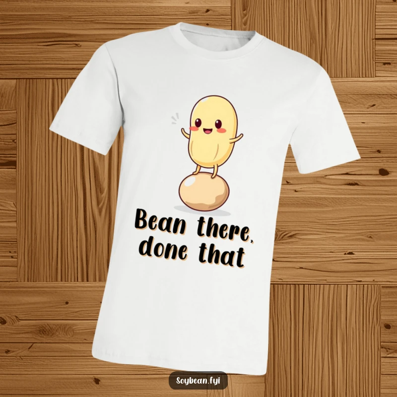 Funny t-shirt featuring a charming kawaii soybean character bravely wobbling on a single bean with a comical expression, radiating pure amusement.