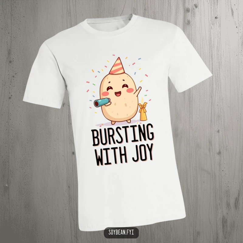 Funny t-shirt showing a jubilant soybean character firing a small confetti cannon, spreading joy and colorful paper, a festive and humorous design.