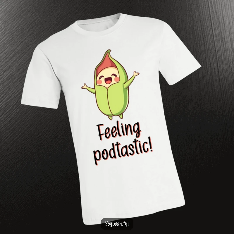 Funny t-shirt showcasing a vibrant soybean pod dramatically bursting open with overflowing joy and happiness, a humorous apparel choice.