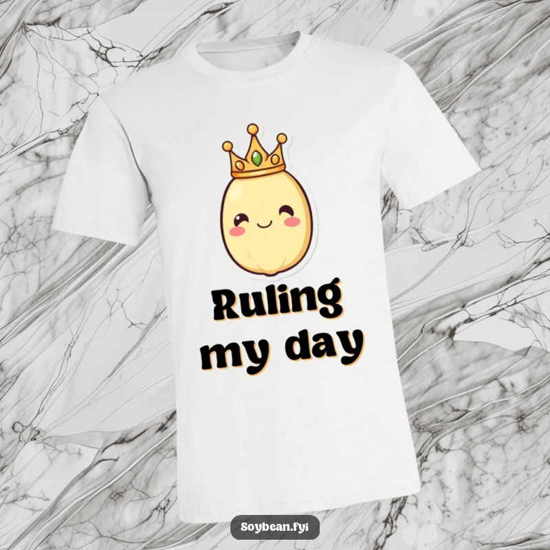 Funny t-shirt featuring a smiling soybean character wearing a small crown, radiating regal charm and playful confidence, a must-have apparel.