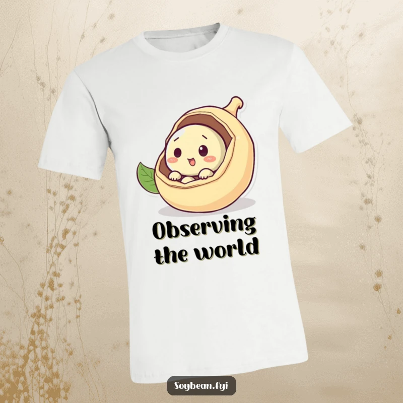 Funny curious soybean t-shirt peeking out from a pod, embodying playful exploration and gentle wonder, a great funny gift.