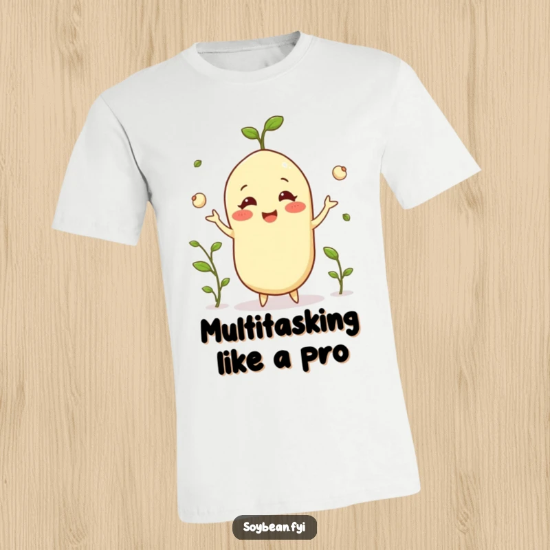 Funny happy soybean t-shirt grinning while juggling tiny sprouts, a vibrant display of skill and happiness, a great funny gift.