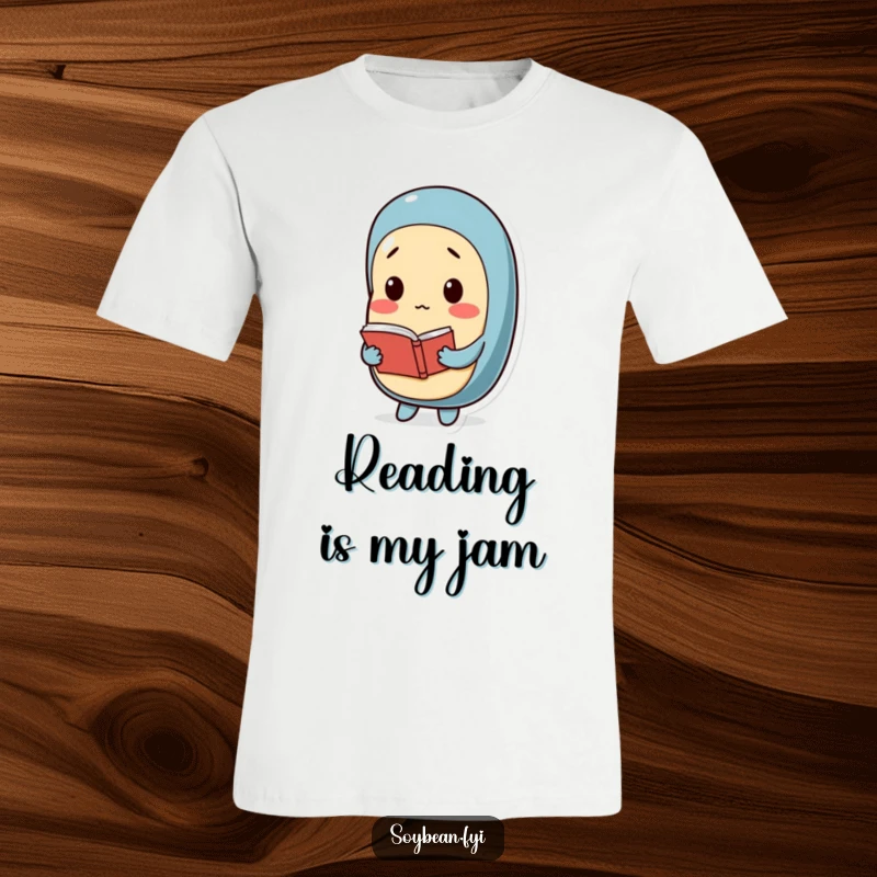 Funny t-shirt with a contemplative soybean character engrossed in reading a small book, representing intelligence and a love for literature.