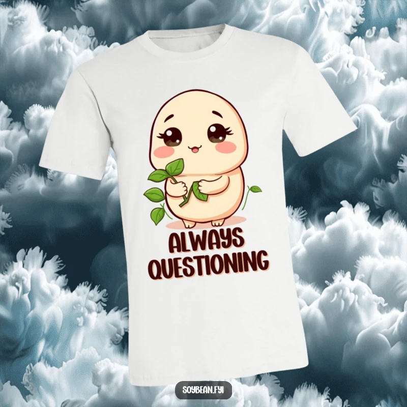 Funny t-shirt featuring a kawaii soybean looking curiously at a small sprout, radiating thoughtful humor, a great funny gift.