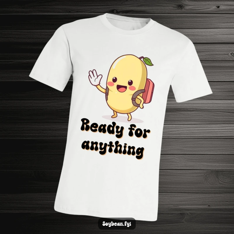 Funny t-shirt featuring a kawaii soybean with a small backpack, waving enthusiastically, radiating excitement and humor, a great funny gift.