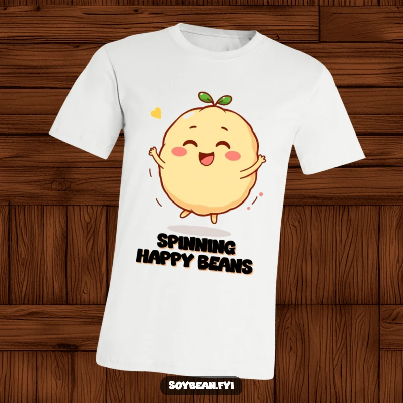 Funny Kawaii soybean character t-shirt, showing the character mid-bounce and spin with an ecstatic, happy expression.