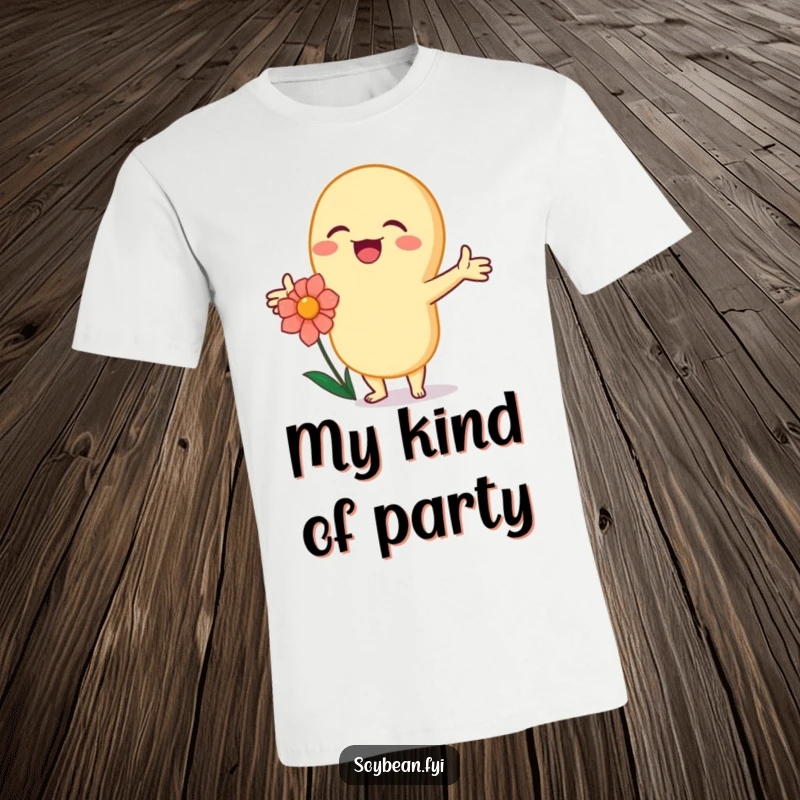 Funny kawaii soybean character happily embracing a flower with outstretched arms, wearing a funny t-shirt.