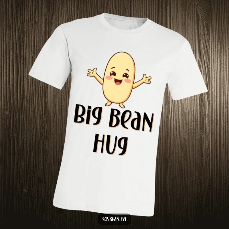 Funny Kawaii soybean character t-shirt, showing the character offering a big, warm welcome with arms spread wide.
