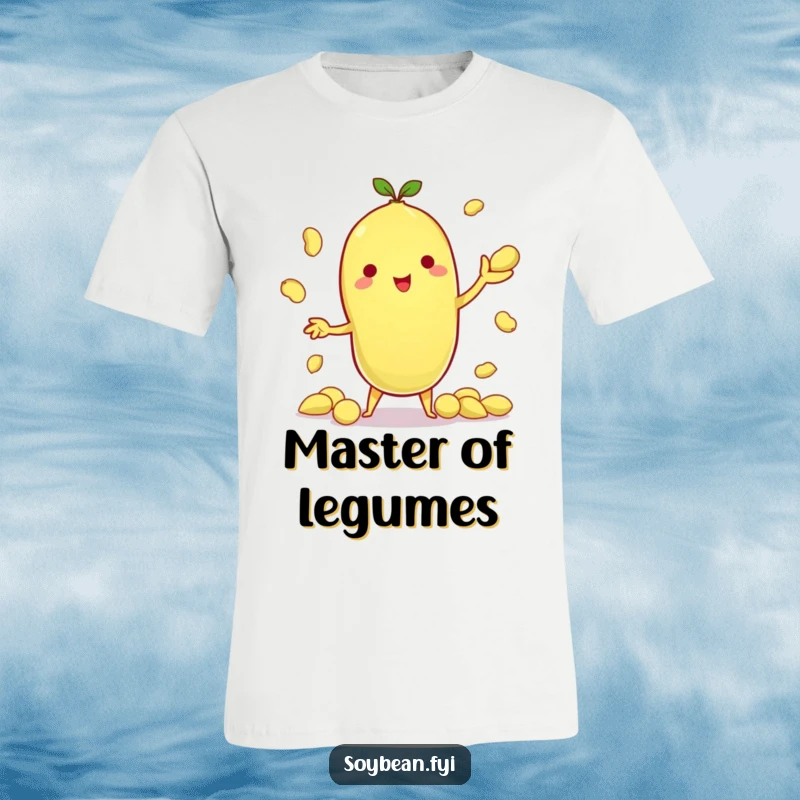 Funny t-shirt featuring a kawaii soybean character expertly juggling tiny edamame pods, showcasing impressive coordination and a playful spirit.