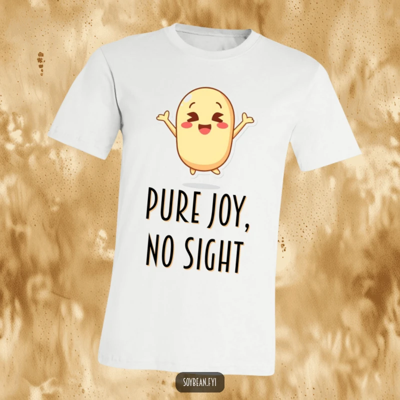 Funny t-shirt depicting a cute kawaii soybean character performing an energetic jump with hilariously crossed eyes and a beaming smile.