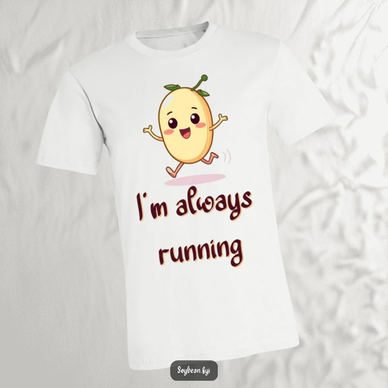 Funny t-shirt with a kawaii soybean sporting little legs in a comical, determined sprint, embodying energetic humor and a funny gift.